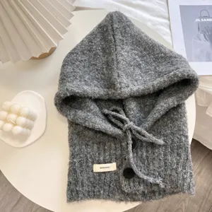 Douillette cagoule tricotée grise écharpe combinée, bavoir à capuche chaud d'hiver pour femmes.