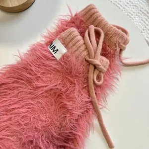Chauffe-jambes pelucheux roses détail hiver tricot thermique duveteux guêtres streetwear chaussettes