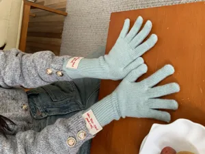 Women long split-finger knit gloves warm winter wool blend touch screen light blue gloves