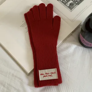 Knitted long touch screen gloves featuring a stylish letter label for winter warmth.