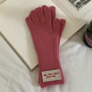 Cozy winter long wool blend touchscreen knit gloves with stylish cuff embroidery detail.