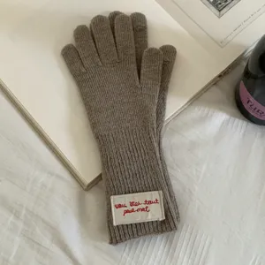 Women autumn winter warm knit touch screen gloves long ribbed wool blend detail view