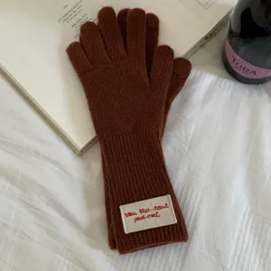 Women autumn winter warm brown knit touch screen long split-finger gloves with letter label