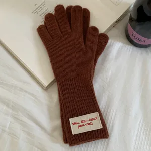 Brown winter knit gloves for women, warm wool blend long touchscreen split-finger gloves.