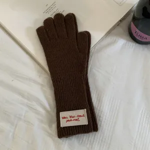 Brown knit touchscreen gloves for women, stylish long winter warm gloves with cute embroidery.