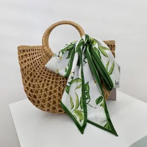 Green floral skinny scarf for women handbag ribbon stylish neckerchief accessory