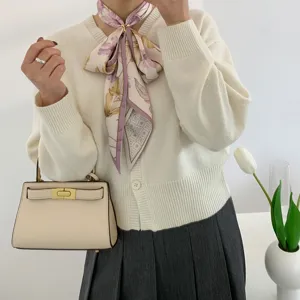 Chic floral skinny silk scarf for women, elegant neckerchief and bag ribbon accessory.