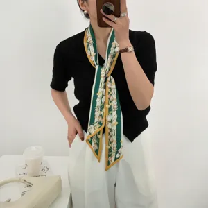Elegant green floral silk scarf twilly ribbon for women hair neck bag strap accessory.