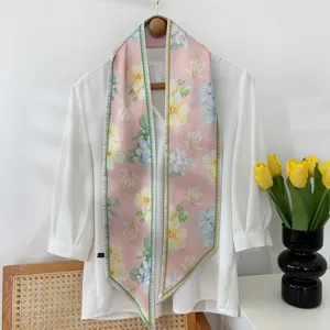Elegant pink floral silk skinny scarf twilly ribbon for hair bag neck and head wear