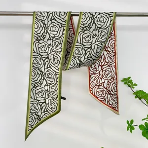 Green floral long narrow silk scarf for women, elegant hair ribbon and bag twilly.