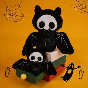 Detail shot of cute Halloween black bat plush toys, featuring soft fabric and spooky design.