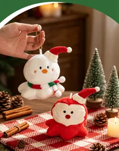 Christmas octopus plush doll detail view, cute Santa and snowman hanging toy decoration.