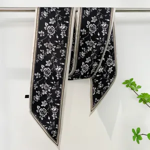 Black and white floral silk twilly scarf, elegant ribbon for hair, neck, and handbag.