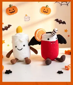 Cute Halloween plush toy detailed shot featuring soft candle and cocktail dolls with cute smile.