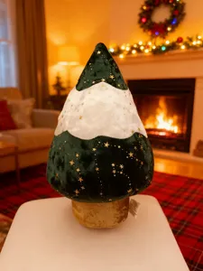 Weihnachtsbaum Pluesch Kissen Detailansicht, gruener Samtstoff mit goldenen Sternenbedruckung.