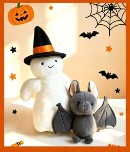 Halloween plush toy set featuring a cute white ghost in witch hat and soft grey bat doll.