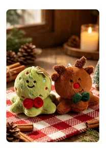 Close-up of cute Christmas plush toys, green tree octopus and brown reindeer in a festive scene.
