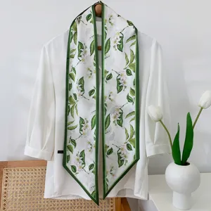 Elegant green floral skinny silk scarf twilly ribbon for bag hair neck accessory detail.