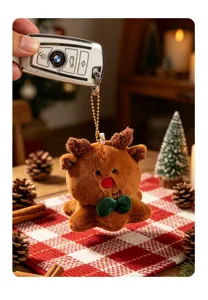 Cute Christmas reindeer octopus plush toy keychain detail, soft plush fabric with bow.