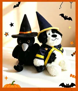 Halloween plush toy set featuring cute black crow and dog with witch hats and spooky capes.