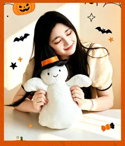 Cute Halloween ghost plush toy holding by model, soft stuffed doll for kids holiday gift.