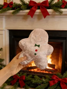 Gemütlicher Lebkuchenmann Plüschtier Detail, weiche rosa Stoffpuppe für Weihnachtsgeschenk.