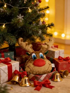 Detailansicht des niedlichen Weihnachtsmanns Rentier Plüschkissens aus weichem braunen Stoff.