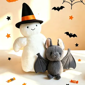 Cute Halloween plush toy set featuring a ghost with witch hat and a soft gray bat doll for kids.