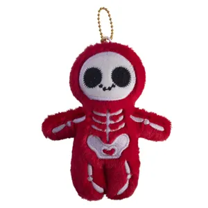 Red plush skeleton doll keychain, cute spooky Halloween bag pendant, soft stuffed toy charm.