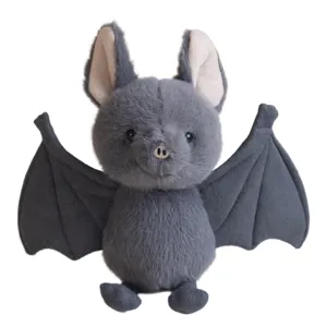 Cute grey plush bat toy stuffed animal soft doll for kids Halloween gift and decor.