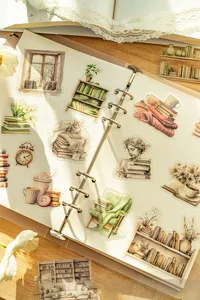Detailed view of vintage reading corner PET stickers, book landscape DIY journal supplies.