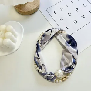 Pearl silk scarf headband with magnetic clasp, floral neck scarf for women summer daily wear.