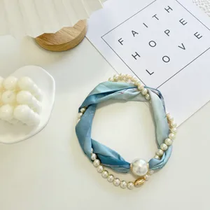 Summer fashion women pearl small silk scarf with magnetic buckle pendant elegance.