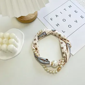 Elegant pearl silk scarf necklace for women, stylish magnetic buckle short neckerchief.