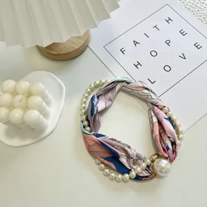 Elegant pearl silk scarf necklace and hairband with magnetic pendant for women summer style.