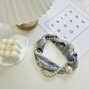 Chic floral print small scarf with elegant pearl decoration, perfect for summer daily wear.