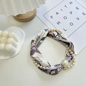 Elegant pearl silk scarf headband for women, summer stylish magnetic buckle hair accessory.