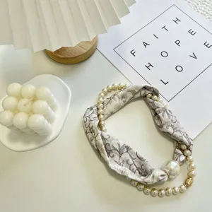 Pearl scarf necklace with magnetic clasp, chic floral print neck scarf for women summer style.