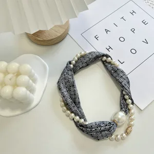 Summer pearl silk scarf neckerchief with magnetic clasp and pendant for women.