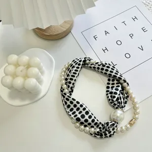 Black and white polka dot scarf necklace with pearls and magnetic buckle for women summer