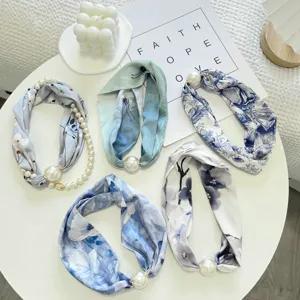 Elegant blue floral silk scarves set with pearl magnetic buckles for women daily fashion wear.