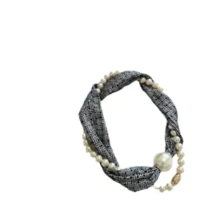 Black and white tweed pearl neckerchief fashion short scarf with magnetic clasp closure