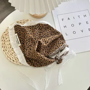 French vintage leopard print lace bandana stylish hair scarf for women girls ins style