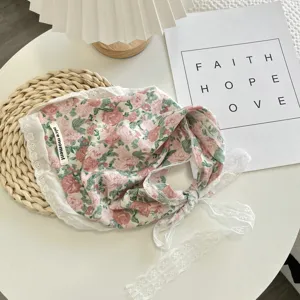 French vintage floral lace triangle headscarf, beige hairband with sweet ties for daily wear.