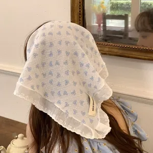 French vintage style blue bow print lace triangular headscarf stylish hair band for women