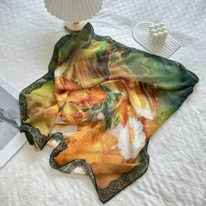 Spring summer women floral print square scarf elegant sheer sun protection shawl elegant design