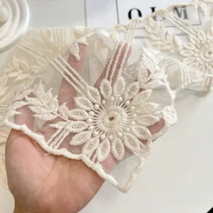 Primo piano di tessuto in pizzo beige con delicato ricamo floreale e trama raffinata.