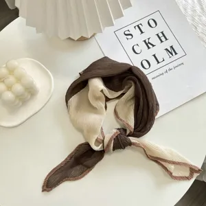 Contrast color pleated small square scarf, soft thin breathable fabric, elegant neckerchief.