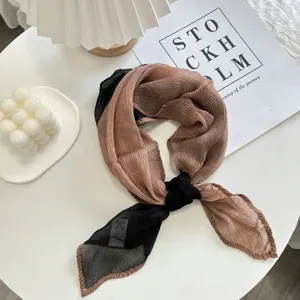 Two-tone pleated small square scarf, thin soft versatile neckerchief headscarf for women.