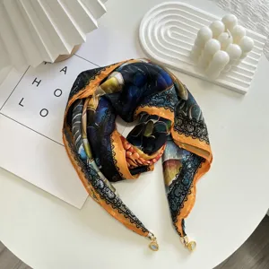 Silk square scarf with orange trim and black lace pattern, chic thin sun protection shawl.